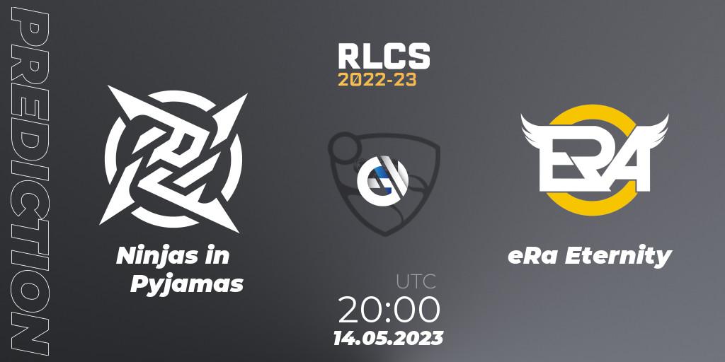Pronósticos Ninjas in Pyjamas - eRa Eternity. 14.05.2023 at 20:00. RLCS 2022-23 - Spring: South America Regional 1 - Spring Open - Rocket League