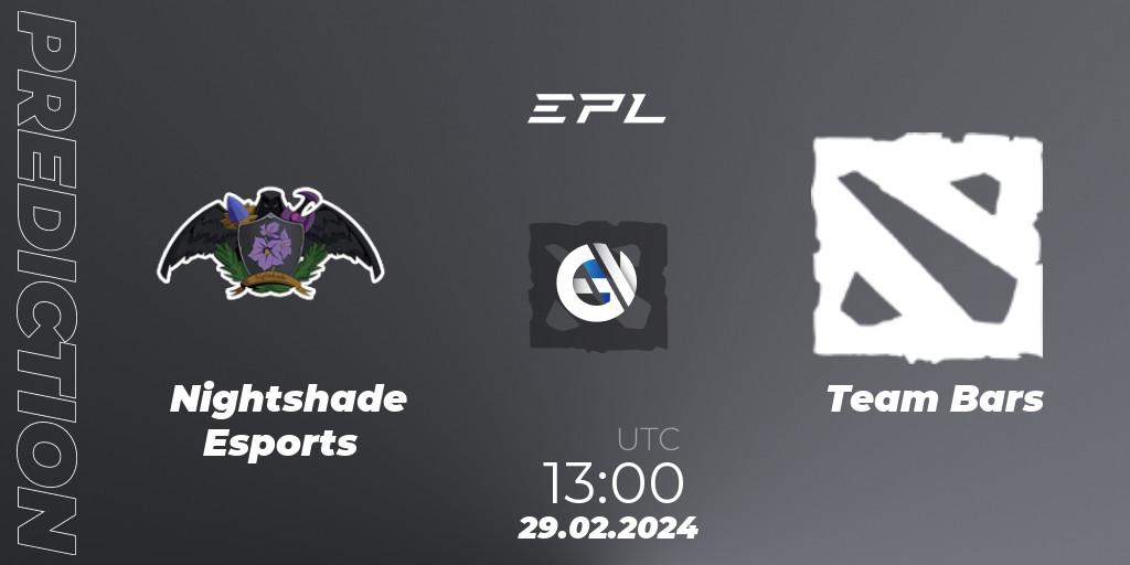 Pronósticos Nightshade Esports - Team Bars. 29.02.2024 at 13:30. European Pro League Season 17: Division 2 - Dota 2
