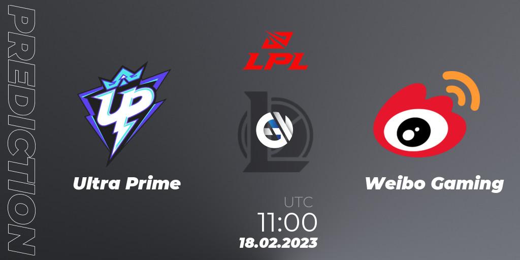 Pronósticos Ultra Prime - Weibo Gaming. 18.02.2023 at 12:10. LPL Spring 2023 - Group Stage - LoL