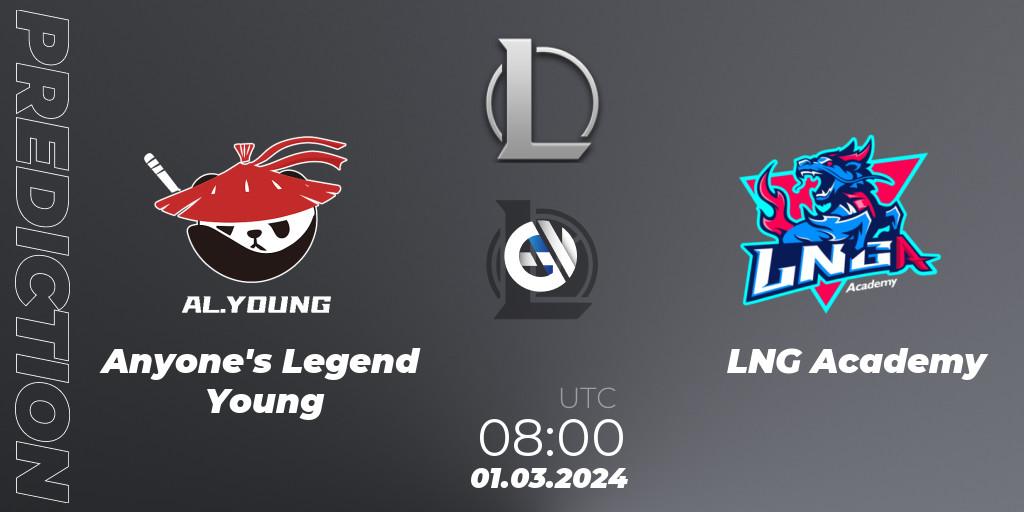 Pronósticos Anyone's Legend Young - LNG Academy. 01.03.2024 at 08:00. LDL 2024 - Stage 1 - LoL