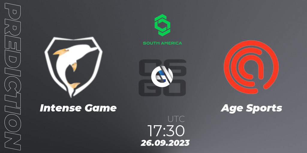 Pronósticos Intense Game - Age Sports. 26.09.2023 at 17:30. CCT South America Series #12: Closed Qualifier - Counter-Strike (CS2)