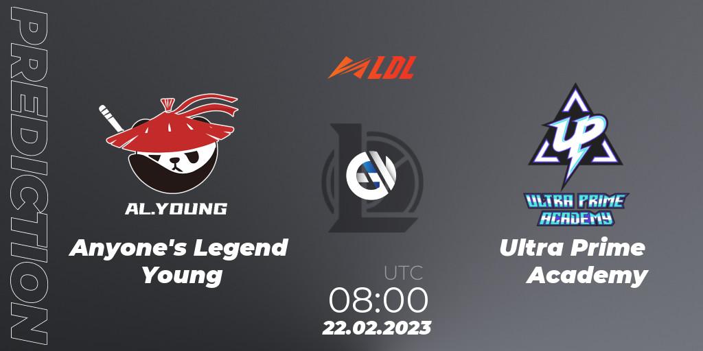Pronósticos Anyone's Legend Young - Ultra Prime Academy. 22.02.2023 at 09:00. LDL 2023 - Regular Season - LoL