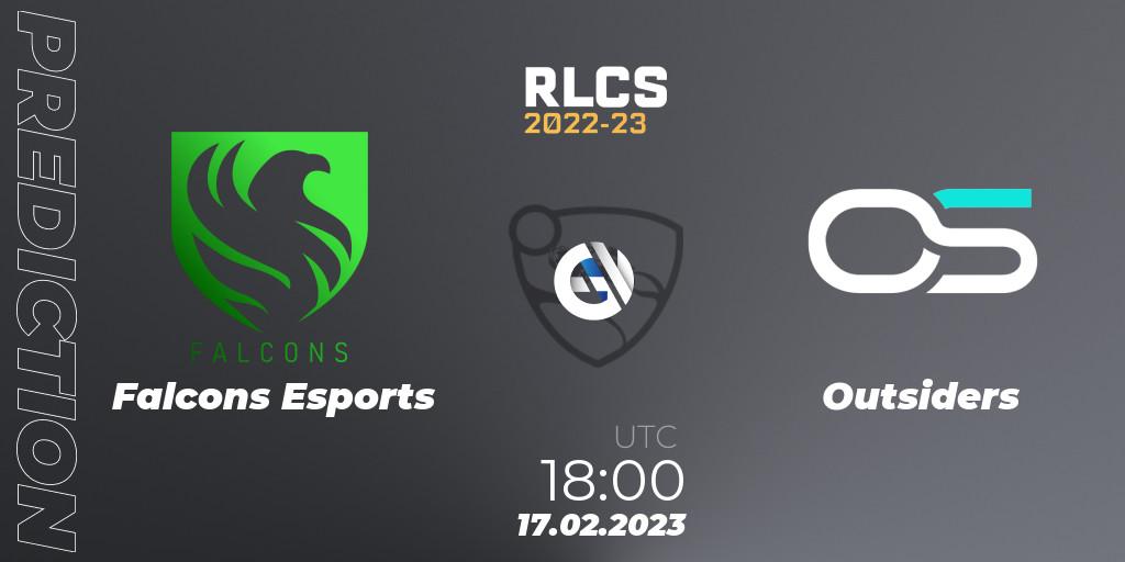 Pronósticos Falcons Esports - Outsiders. 17.02.2023 at 18:15. RLCS 2022-23 - Winter: Middle East and North Africa Regional 2 - Winter Cup - Rocket League