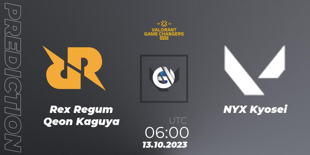 Pronósticos Rex Regum Qeon Kaguya - NYX Kyosei. 13.10.2023 at 12:00. VCT 2023: Game Changers APAC Elite - VALORANT