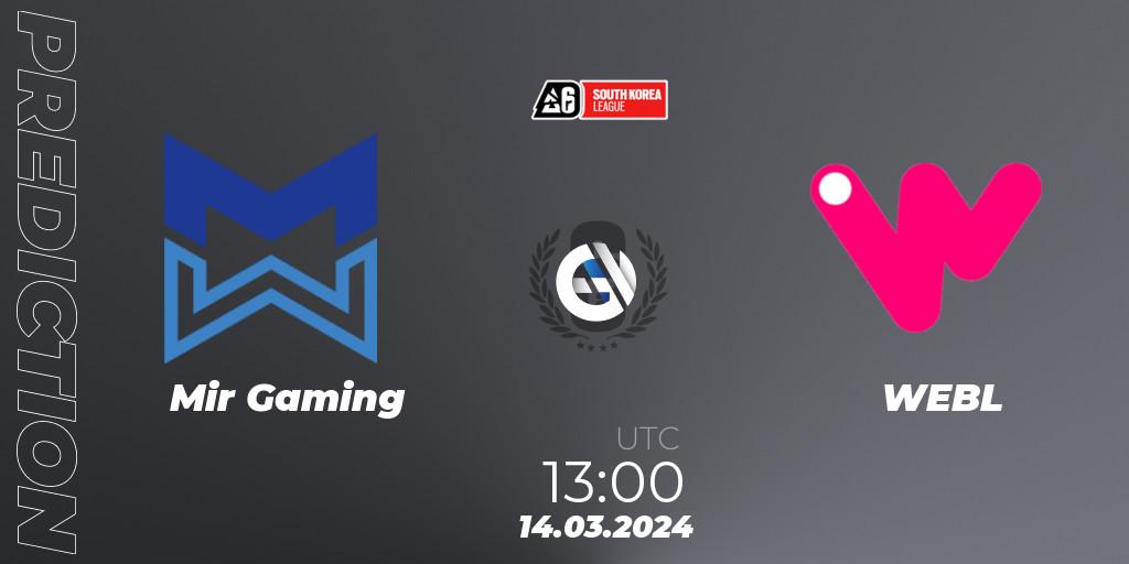 Pronósticos Mir Gaming - WEBL. 14.03.2024 at 13:00. South Korea League 2024 - Stage 1 - Rainbow Six