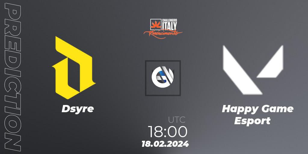 Pronósticos Dsyre - Happy Game Esport. 18.02.2024 at 18:00. VALORANT Challengers 2024 Italy: Rinascimento Split 1 - VALORANT