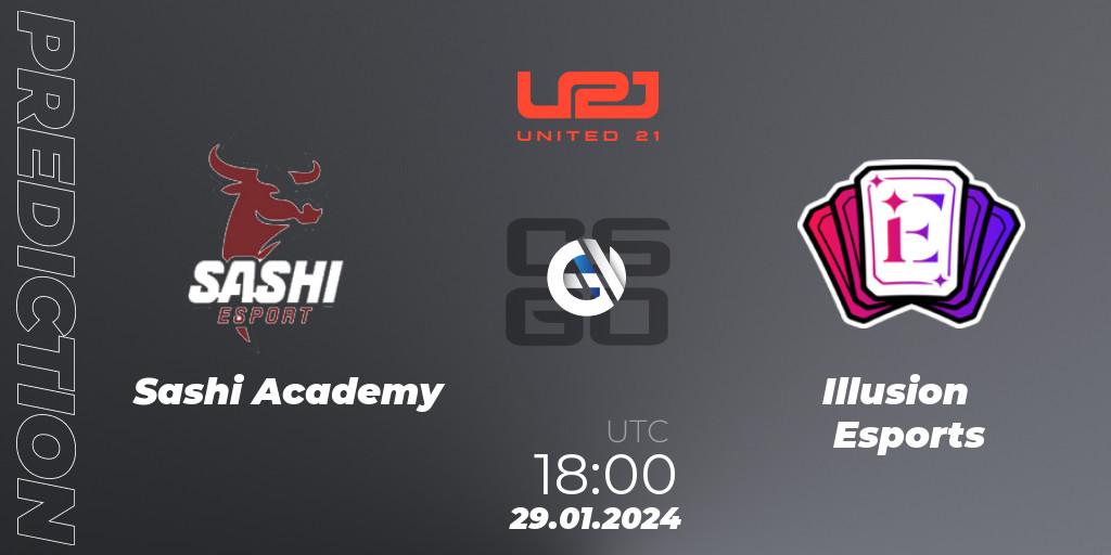 Pronósticos Sashi Academy - Illusion Esports. 29.01.2024 at 18:00. United21 Season 10: Division 2 - Counter-Strike (CS2)