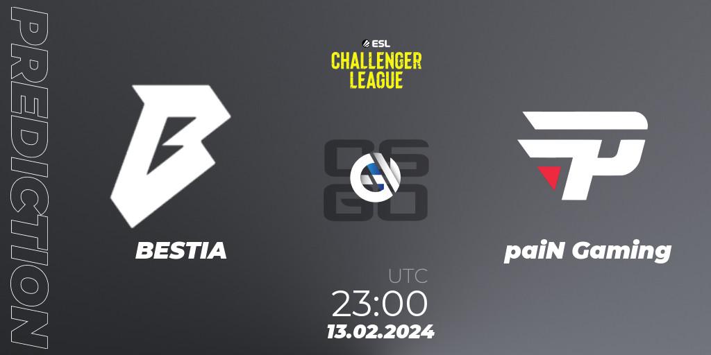 Pronósticos BESTIA - paiN Gaming. 13.02.2024 at 23:00. ESL Challenger League Season 47: South America - Counter-Strike (CS2)