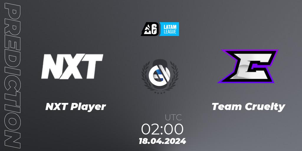 Pronósticos NXT Player - Team Cruelty. 18.04.2024 at 02:00. LATAM League 2024 - Stage 1: LATAM North - Rainbow Six