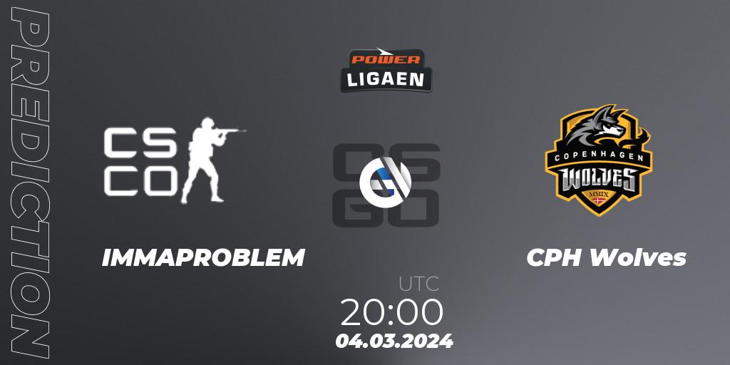 Pronósticos IMMAPROBLEM - CPH Wolves. 06.03.2024 at 20:00. Dust2.dk Ligaen Season 25 - Counter-Strike (CS2)