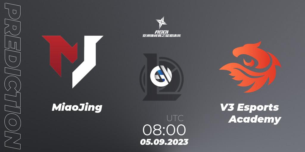 Pronósticos MiaoJing - V3 Esports Academy. 05.09.2023 at 08:00. Asia Star Challengers Invitational 2023 - LoL