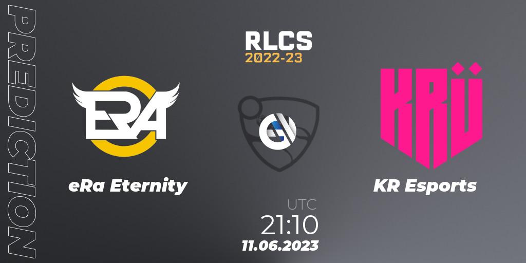 Pronósticos eRa Eternity - KRÜ Esports. 11.06.2023 at 21:10. RLCS 2022-23 - Spring: South America Regional 3 - Spring Invitational - Rocket League
