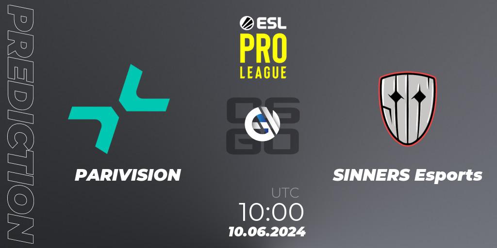 Pronósticos PARIVISION - SINNERS Esports. 10.06.2024 at 10:00. ESL Pro League Season 20: European Conference - Counter-Strike (CS2)