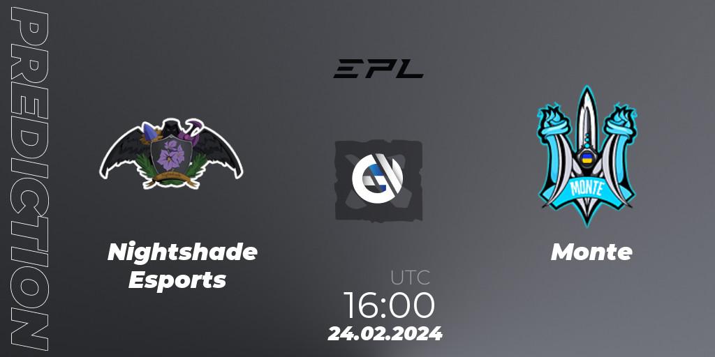 Pronósticos Nightshade Esports - Monte. 24.02.2024 at 16:12. European Pro League Season 17: Division 2 - Dota 2
