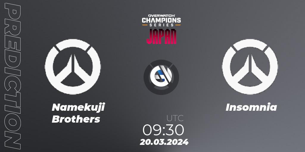 Pronósticos Namekuji Brothers - Insomnia. 20.03.2024 at 10:30. Overwatch Champions Series 2024 - Stage 1 Japan - Overwatch