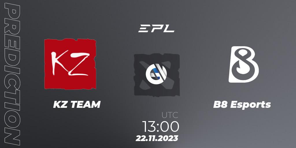Pronósticos KZ TEAM - B8 Esports. 22.11.2023 at 14:00. European Pro League Season 14 - Dota 2
