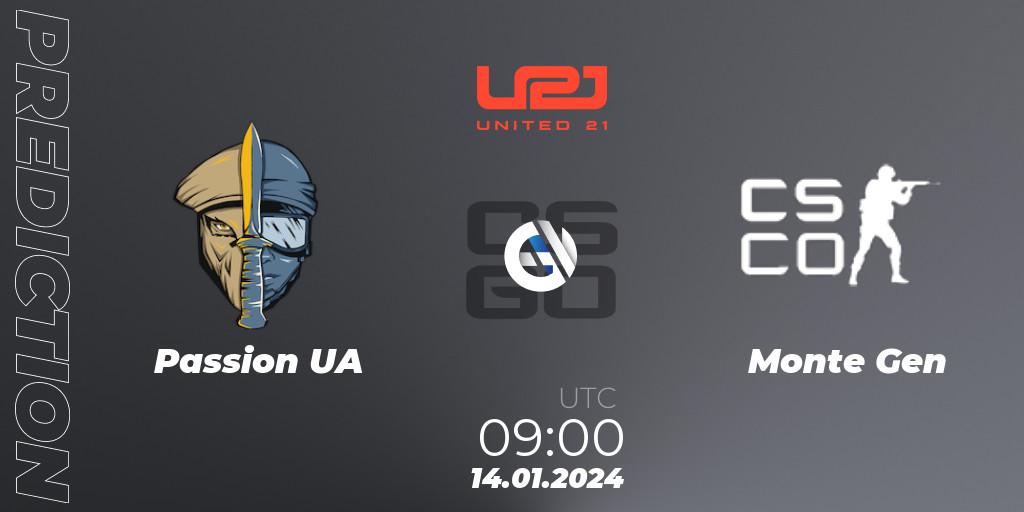 Pronósticos Passion UA - Monte Gen. 14.01.2024 at 10:00. United21 Season 10 - Counter-Strike (CS2)