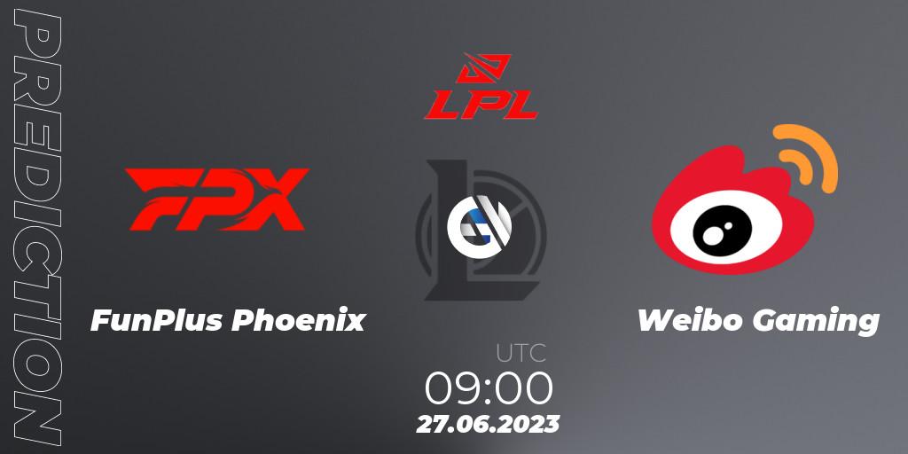 Pronósticos FunPlus Phoenix - Weibo Gaming. 27.06.2023 at 09:00. LPL Summer 2023 Regular Season - LoL