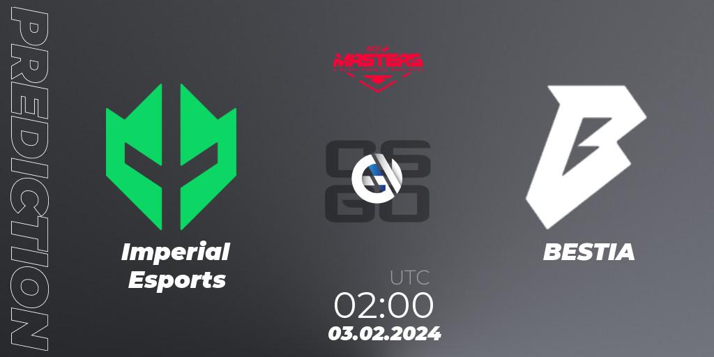 Pronósticos Imperial Esports - BESTIA. 03.02.2024 at 01:55. ACE South American Masters Spring 2024 - A BLAST Premier Qualifier - Counter-Strike (CS2)