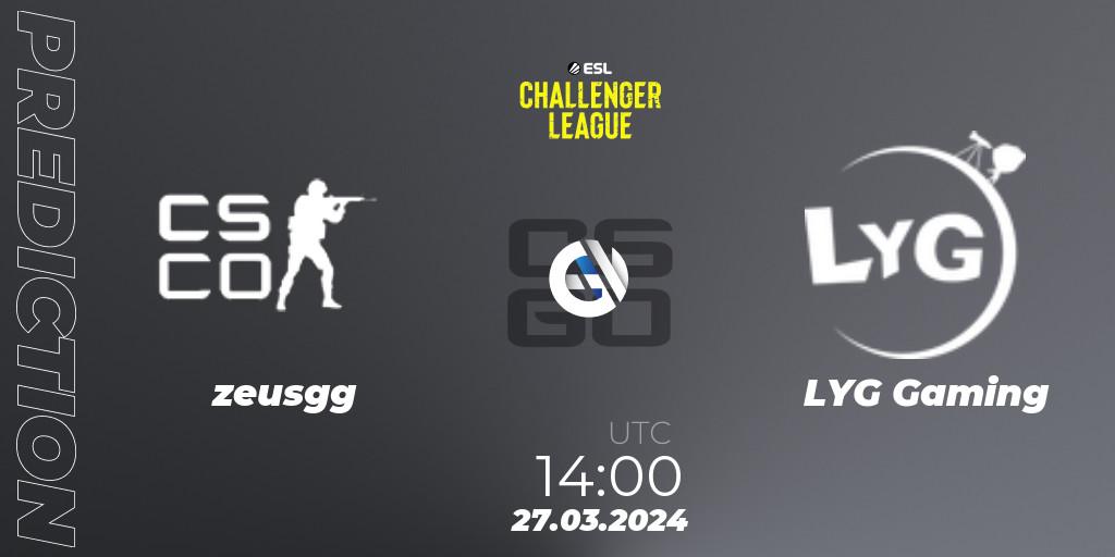 Pronósticos zeusgg - LYG Gaming. 27.03.24. ESL Challenger League Season 47: Asia - CS2 (CS:GO)