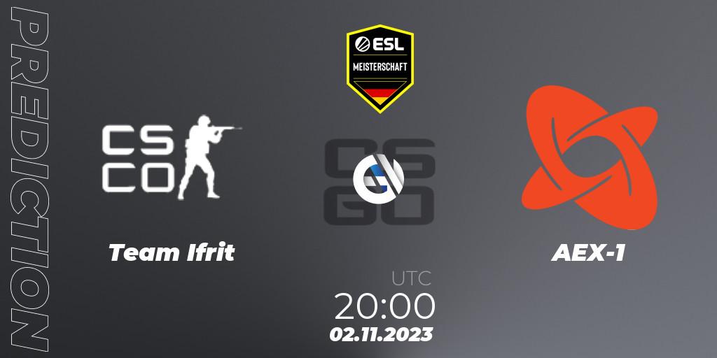 Pronósticos Team Ifrit - AEX-1. 02.11.2023 at 20:00. ESL Meisterschaft: Autumn 2023 - Counter-Strike (CS2)