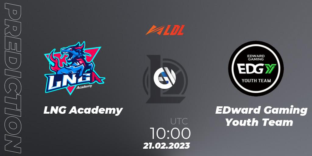 Pronósticos LNG Academy - EDward Gaming Youth Team. 21.02.2023 at 12:15. LDL 2023 - Regular Season - LoL