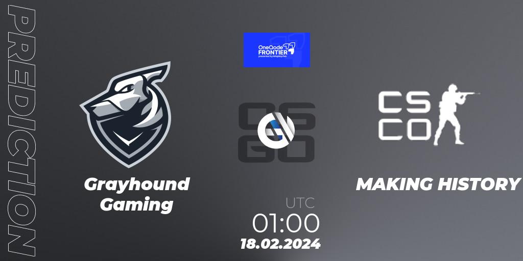 Pronósticos Grayhound Gaming - MAKING HISTORY. 18.02.2024 at 01:00. OneQode Frontier - Counter-Strike (CS2)