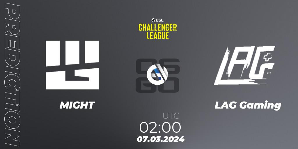 Pronósticos MIGHT - LAG Gaming. 07.03.2024 at 02:00. ESL Challenger League Season 47: North America - Counter-Strike (CS2)