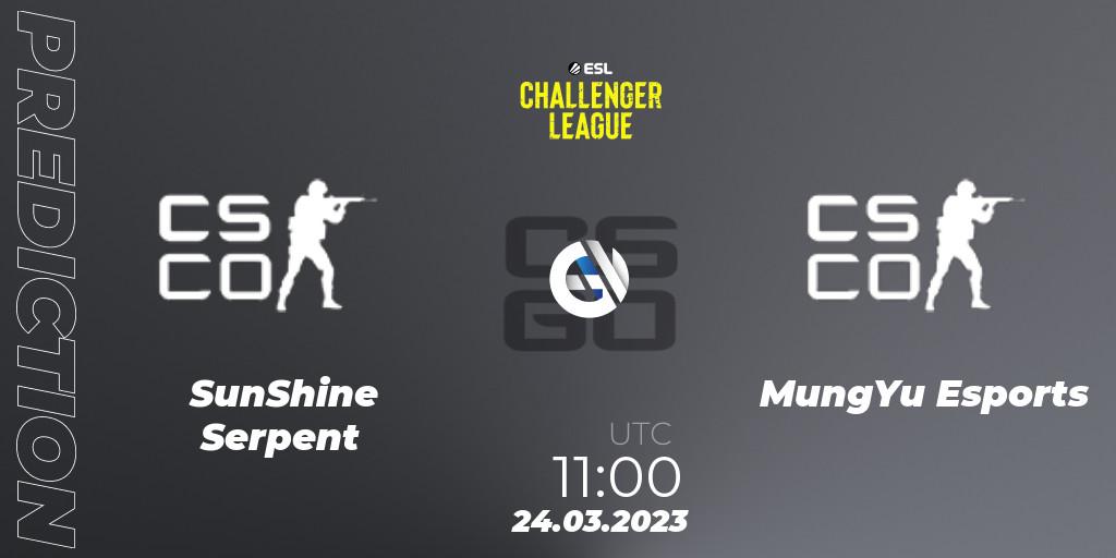 Pronósticos SunShine Serpent - MungYu Esports. 24.03.2023 at 11:00. ESL Challenger League Season 44 Relegation: Asia-Pacific - Counter-Strike (CS2)