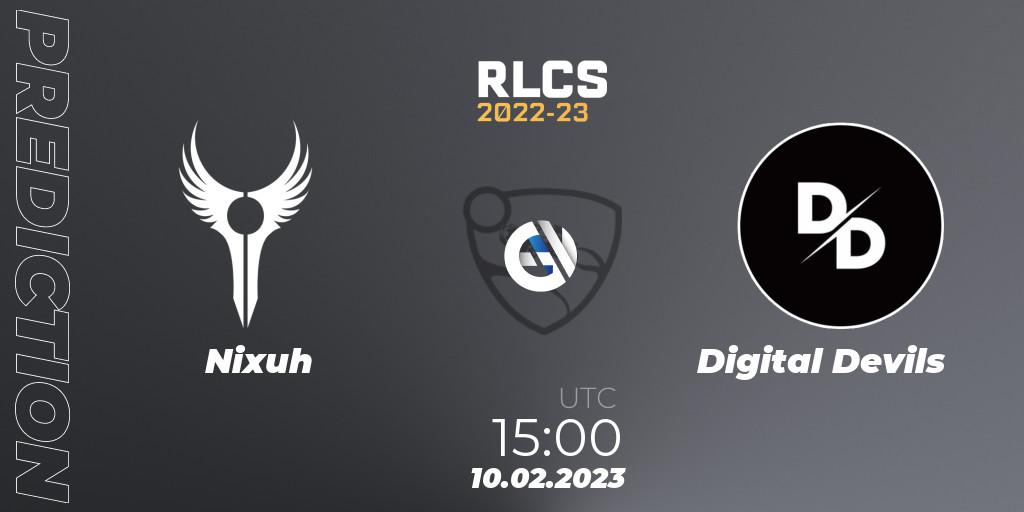 Pronósticos Nixuh - Digital Devils. 10.02.2023 at 15:00. RLCS 2022-23 - Winter: Sub-Saharan Africa Regional 2 - Winter Cup - Rocket League