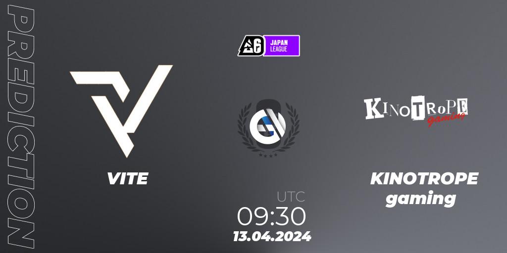 Pronósticos VITE - KINOTROPE gaming. 13.04.2024 at 09:30. Japan League 2024 - Stage 1 - Rainbow Six