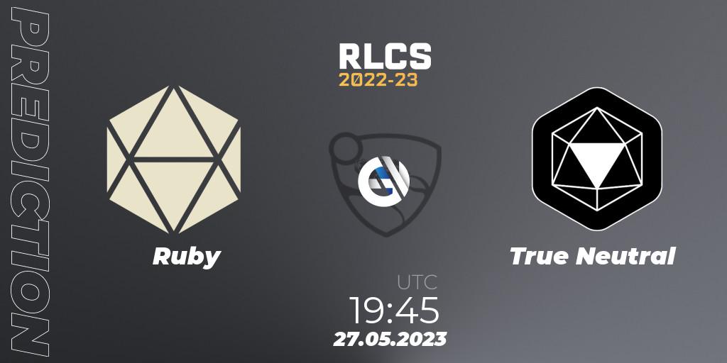 Pronósticos Ruby - True Neutral. 27.05.2023 at 19:45. RLCS 2022-23 - Spring: South America Regional 2 - Spring Cup - Rocket League