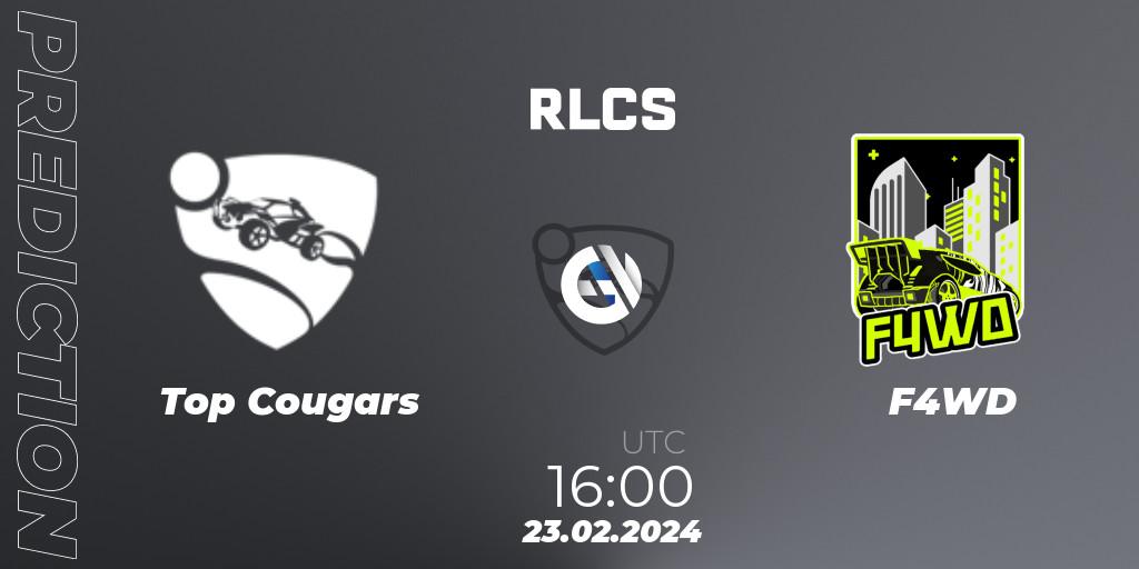 Pronósticos Top Cougars - F4WD. 23.02.2024 at 16:00. RLCS 2024 - Major 1: Europe Open Qualifier 2 - Rocket League