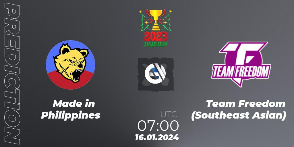 Pronósticos Made in Philippines - Team Freedom (Southeast Asian). 16.01.2024 at 07:15. Xmas Cup 2023 - Dota 2