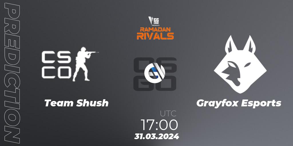 Pronósticos Team Shush - Grayfox Esports. 31.03.2024 at 17:00. GG League Ramadan Rivals 2024: Open Qualifier #3 - Counter-Strike (CS2)