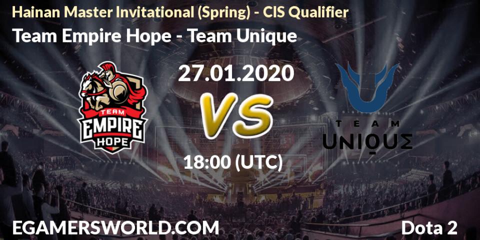 Pronósticos Team Empire Hope - Team Unique. 27.01.20. Hainan Master Invitational (Spring) - CIS Qualifier - Dota 2