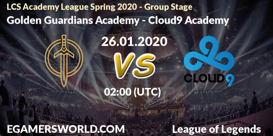 Pronósticos Golden Guardians Academy - Cloud9 Academy. 26.01.20. LCS Academy League Spring 2020 - Group Stage - LoL
