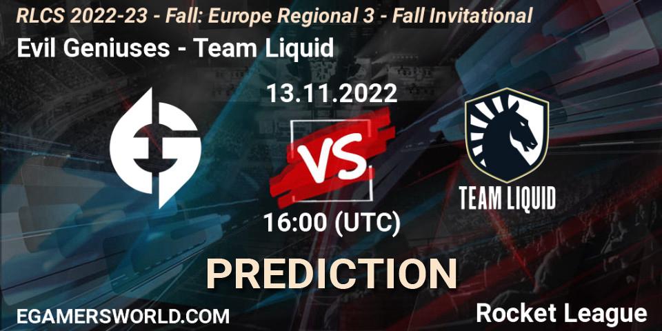 Pronósticos Evil Geniuses - Team Liquid. 13.11.22. RLCS 2022-23 - Fall: Europe Regional 3 - Fall Invitational - Rocket League
