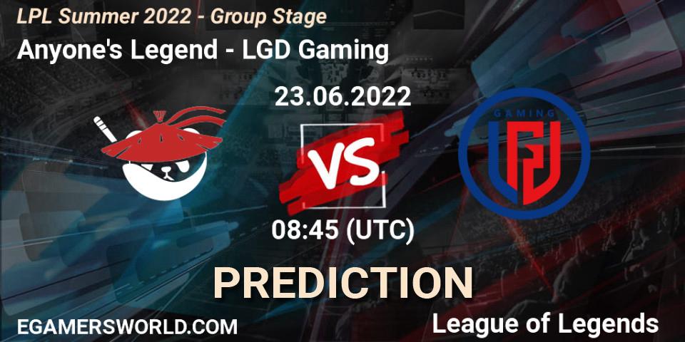 Pronósticos Anyone's Legend - LGD Gaming. 23.06.22. LPL Summer 2022 - Group Stage - LoL