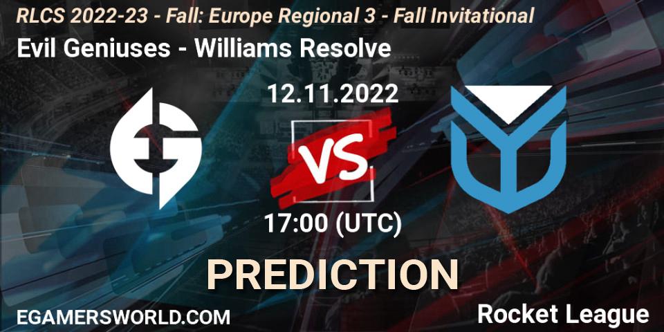 Pronósticos Evil Geniuses - Williams Resolve. 12.11.22. RLCS 2022-23 - Fall: Europe Regional 3 - Fall Invitational - Rocket League
