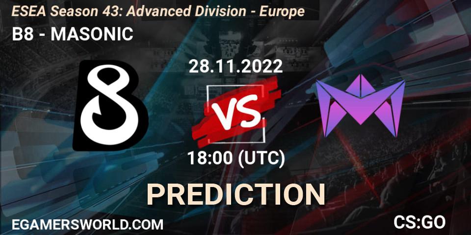 Pronósticos B8 - MASONIC. 28.11.22. ESEA Season 43: Advanced Division - Europe - CS2 (CS:GO)