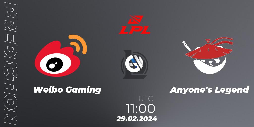 Pronósticos Weibo Gaming - Anyone's Legend. 29.02.24. LPL Spring 2024 - Group Stage - LoL