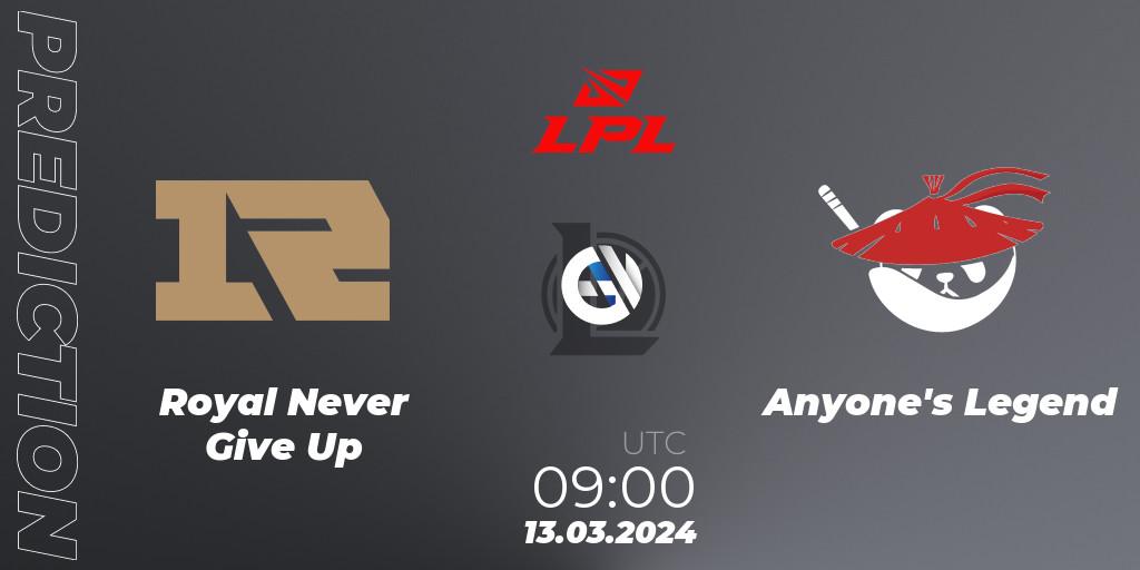 Pronósticos Royal Never Give Up - Anyone's Legend. 13.03.24. LPL Spring 2024 - Group Stage - LoL