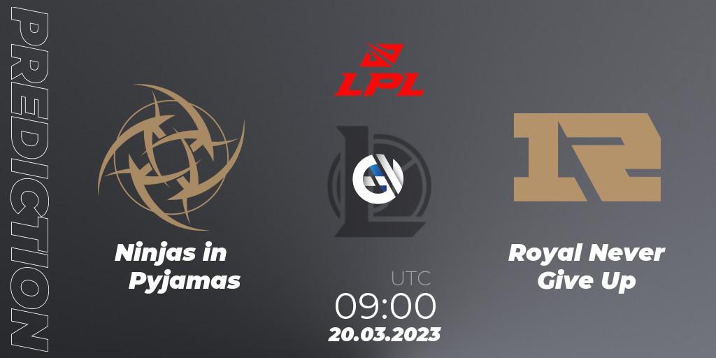 Pronósticos Ninjas in Pyjamas - Royal Never Give Up. 20.03.23. LPL Spring 2023 - Group Stage - LoL